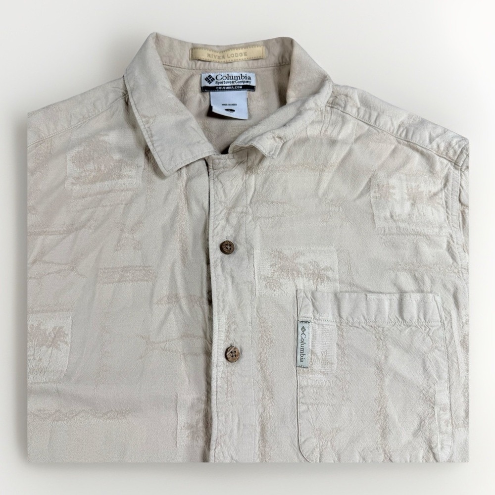 Columbia‎ River Lodge Mens Large ALL OVER FISH Palm Short Sleeve Button Up